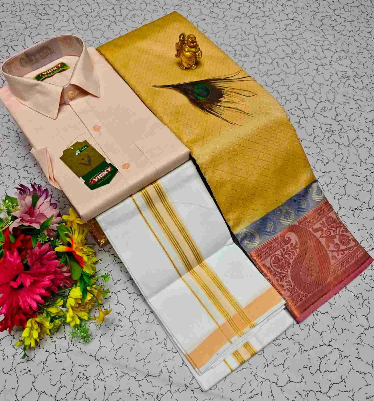 Mangalyam Peach Gold Contrast Karizma Silk Couple Combo